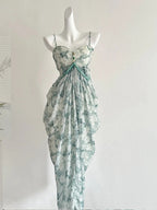 Elegant Green Strap Waist Chiffon Long Prom Dresses Evening Dresses