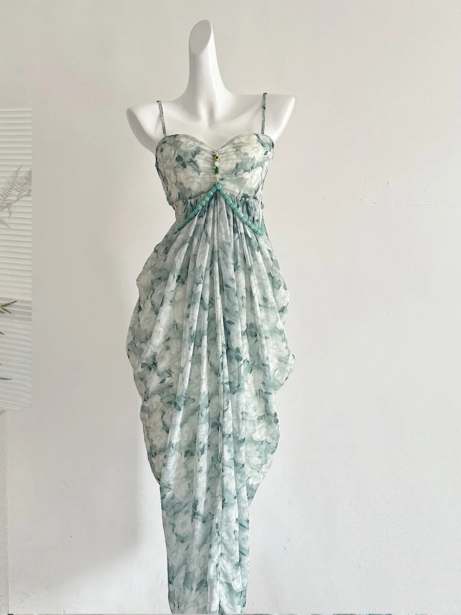 Elegant Green Strap Waist Chiffon Long Prom Dresses Evening Dresses