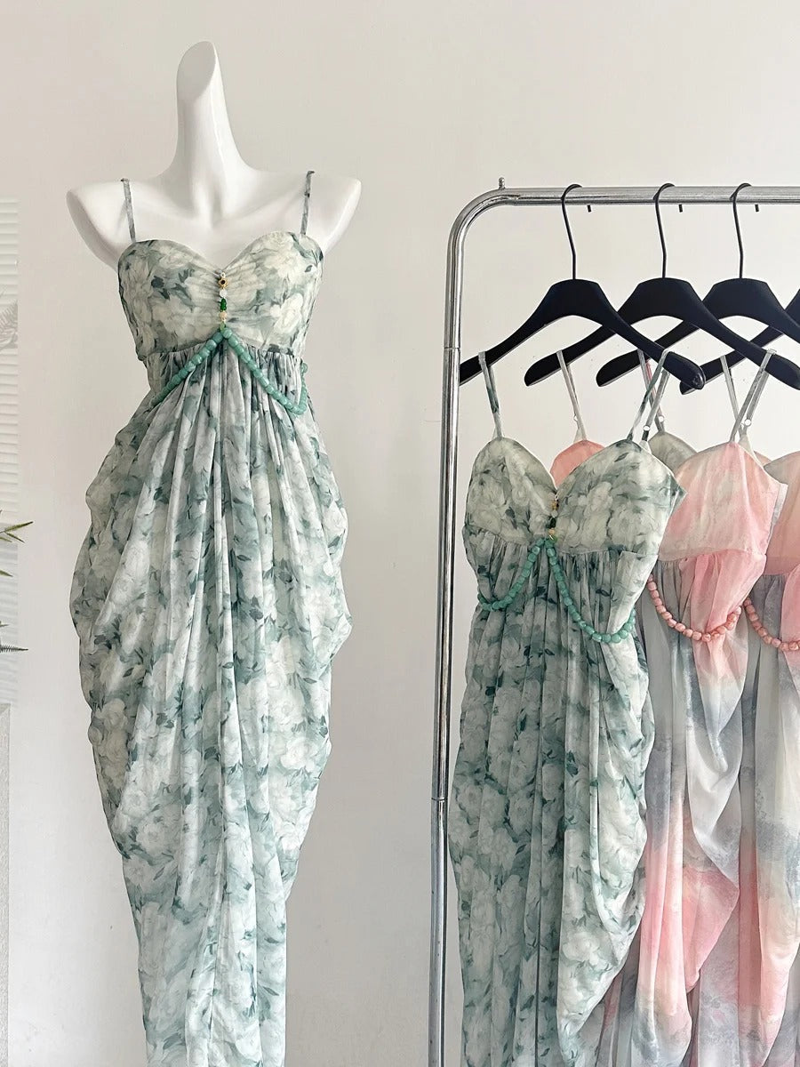 Elegant Green Strap Waist Chiffon Long Prom Dresses Evening Dresses