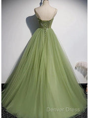 Elegant Green Tulle Spaghetti Straps A-Line Long Prom Dresses Formal Dresses,