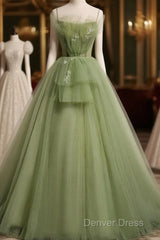 Elegant Green Tulle Spaghetti Straps A-Line Long Prom Dresses Formal Dresses,