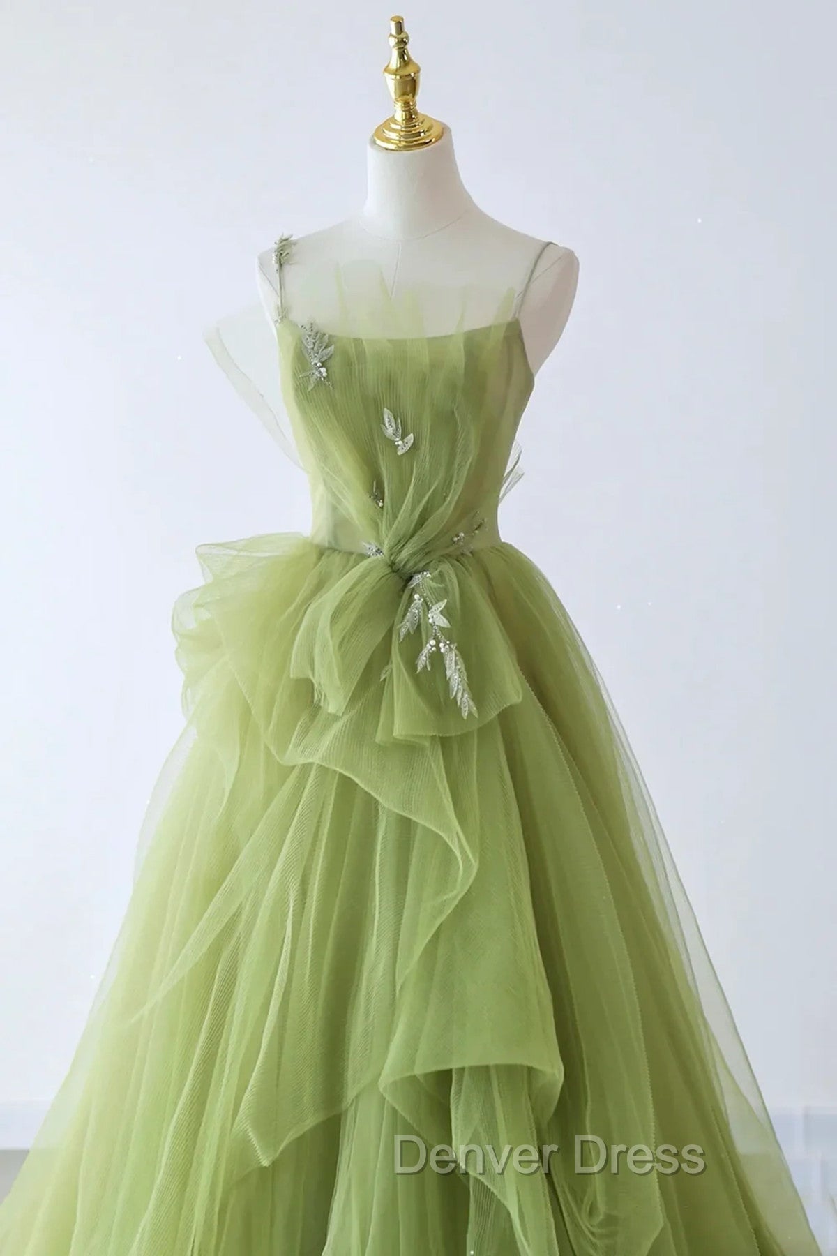 Elegant Green Tulle Straps Long Prom Dress, Green Tulle Prom Dress Secondary image