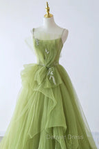 Elegant Green Tulle Straps Long Prom Dress, Green Tulle Prom Dress