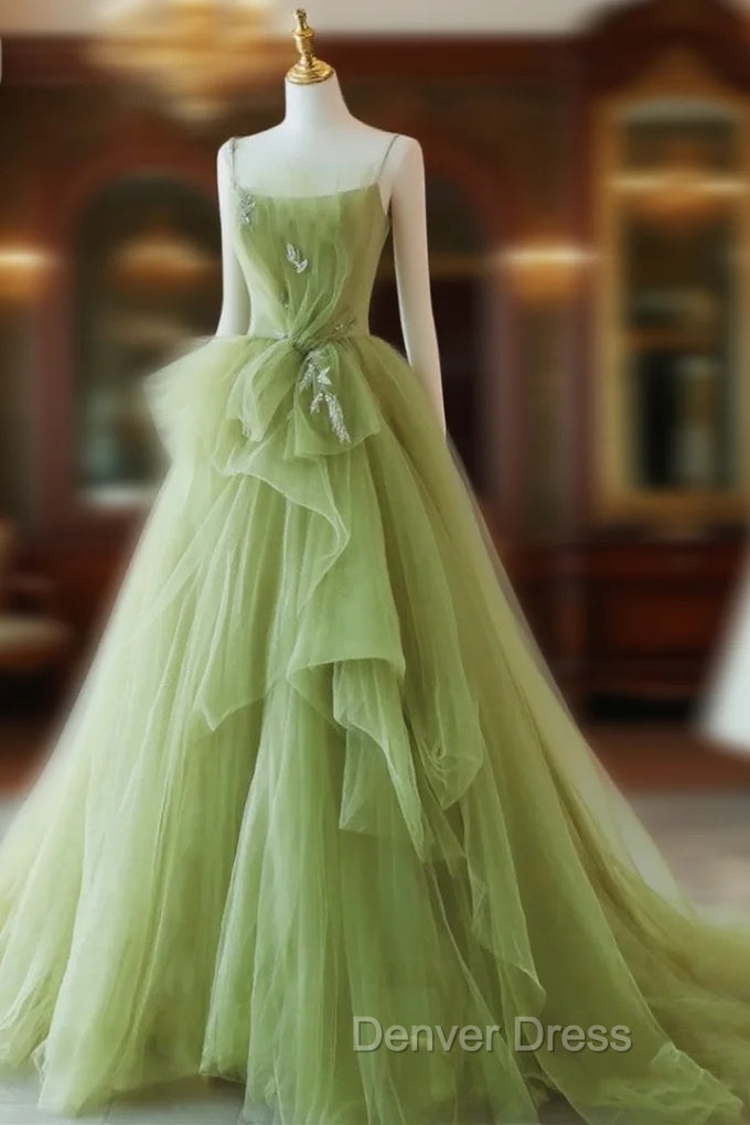 Elegant Green Tulle Straps Long Prom Dress, Green Tulle Prom Dress Main image