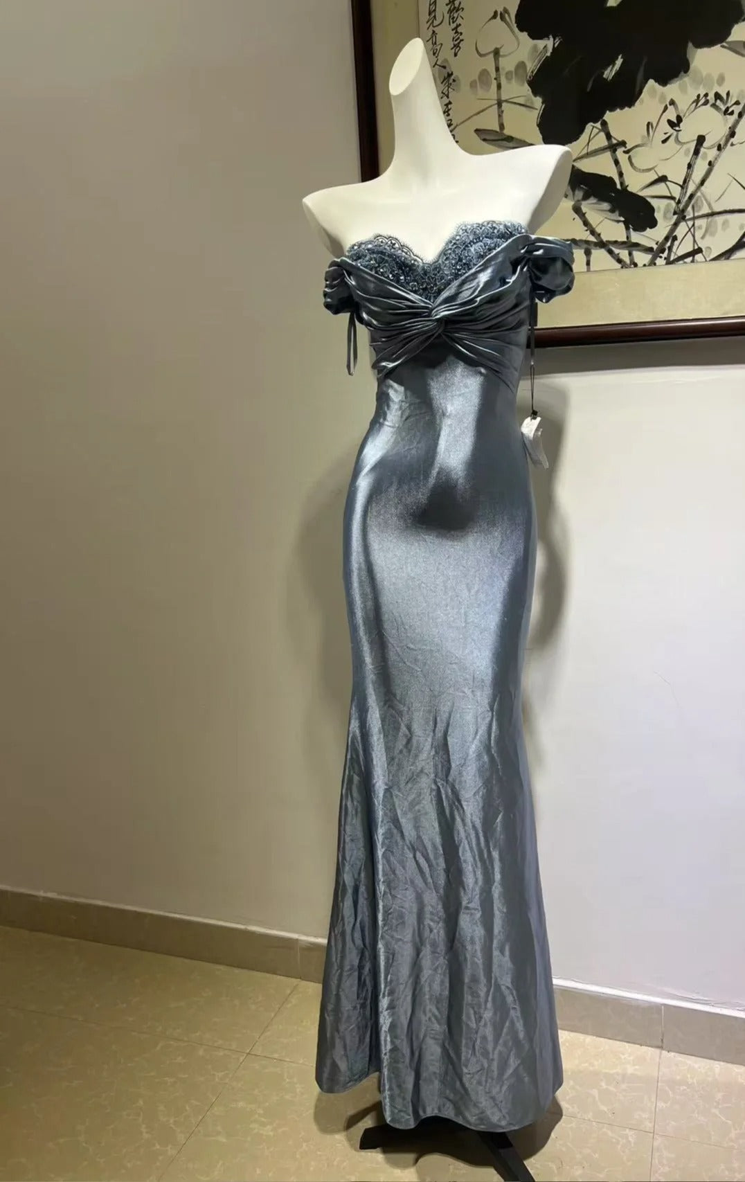 Elegant Grey-Blue Lace Knotted Satin Mermaid Long Prom Dresses Evening Dresses Secondary image