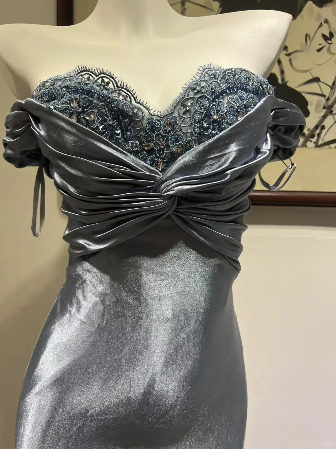 Elegant Grey-Blue Lace Knotted Satin Mermaid Long Prom Dresses Evening Dresses