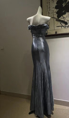 Elegant Grey-Blue Lace Knotted Satin Mermaid Long Prom Dresses Evening Dresses