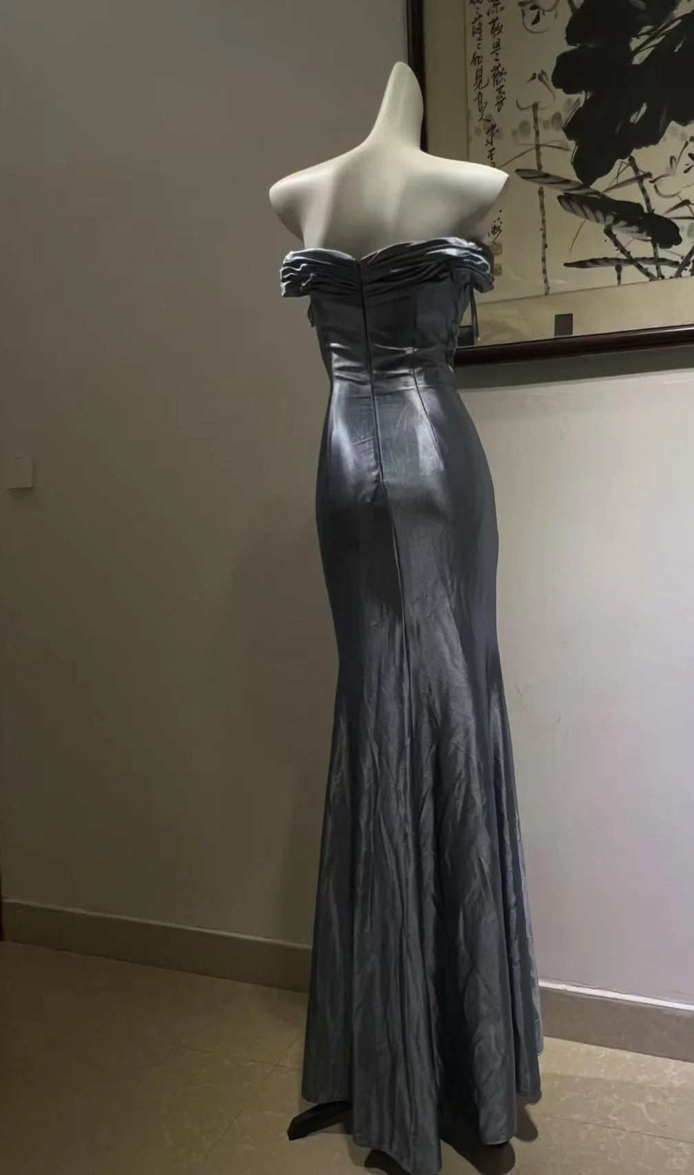 Elegant Grey-Blue Lace Knotted Satin Mermaid Long Prom Dresses Evening Dresses