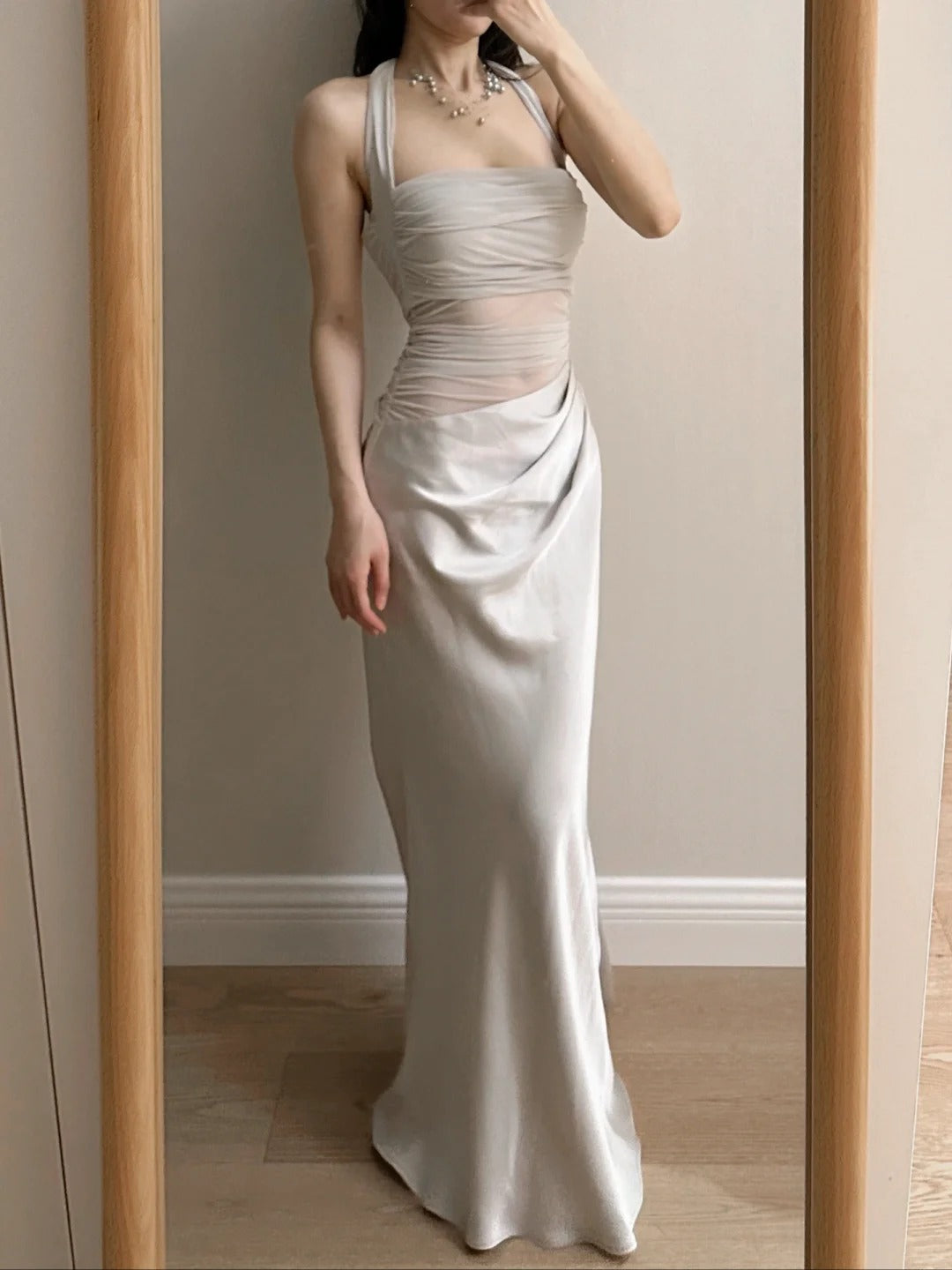 Elegant Grey Mermaid Halter Neck Square Neck Satin Tulle Long Prom Dresses Evening Dresses Secondary image