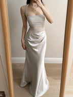Elegant Grey Mermaid Halter Neck Square Neck Satin Tulle Long Prom Dresses Evening Dresses