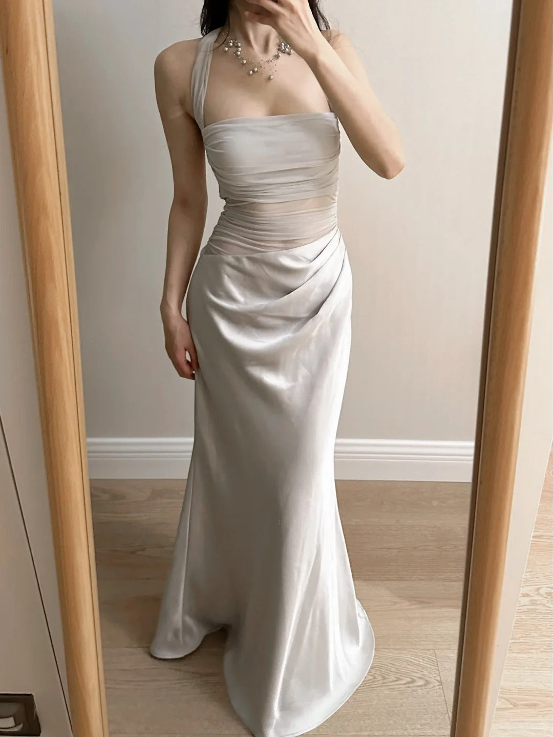 Elegant Grey Mermaid Halter Neck Square Neck Satin Tulle Long Prom Dresses Evening Dresses