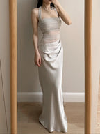 Elegant Grey Mermaid Halter Neck Square Neck Satin Tulle Long Prom Dresses Evening Dresses