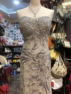 Elegant Grey Mermaid Strapless Sequined Lace Long Prom Dresses Evening Dresses