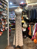 Elegant Grey Mermaid Strapless Sequined Lace Long Prom Dresses Evening Dresses