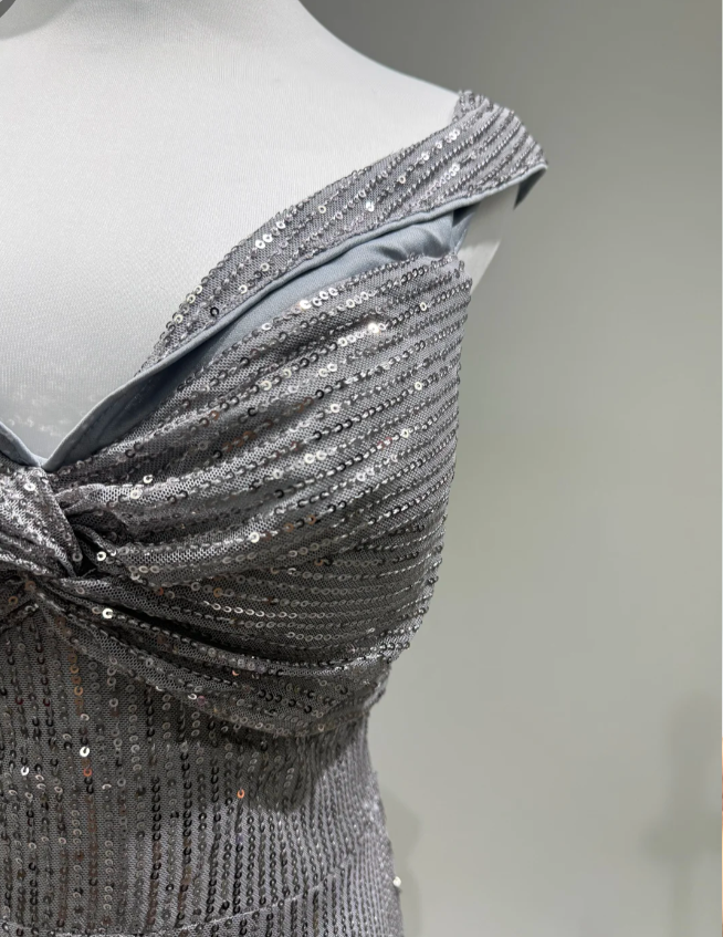 Elegant Grey Mermaid V-Neck Sequined Long Prom Dresses Evening Dresses