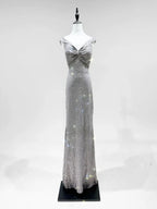 Elegant Grey Mermaid V-Neck Sequined Long Prom Dresses Evening Dresses