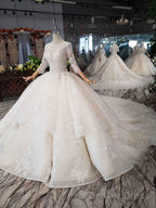 Elegant Half Sleeves Ball Gown Lace Layer Wedding Dress