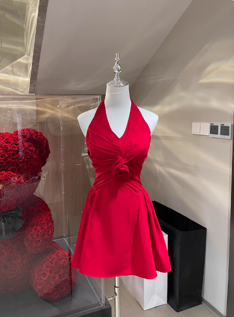Elegant Halter Neck Red Satin A-Line Birthday Short Skirt Homecoming Dresses