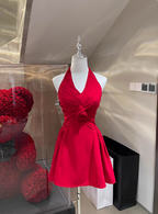 Elegant Halter Neck Red Satin A-Line Birthday Short Skirt Homecoming Dresses