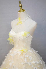 Elegant Halter Neckline Tulle Floor Length Prom Dresses, Yellow A-Line Evening Formal Dresses