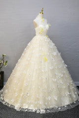 Elegant Halter Neckline Tulle Floor Length Prom Dresses, Yellow A-Line Evening Formal Dresses