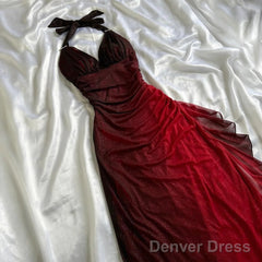Elegant Halter Straps Ombre Burgundy Long Chiffon Prom Dress