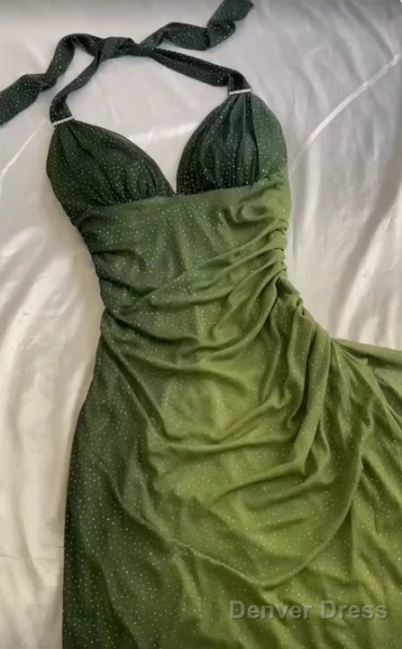 Elegant Halter Straps Ombre Green Long Chiffon Prom Dresses