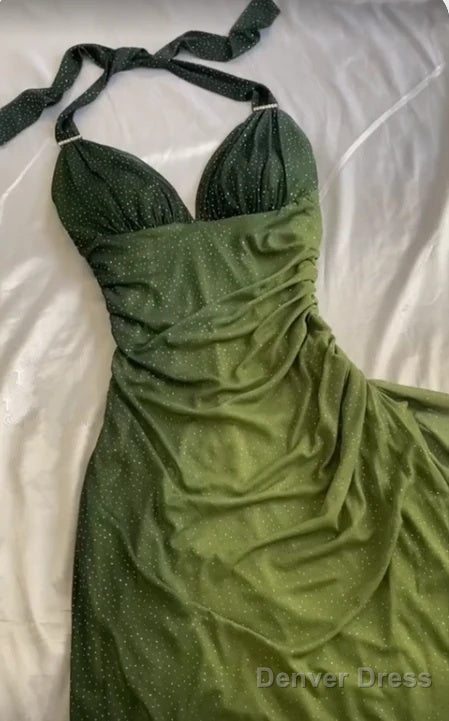 Elegant Halter Straps Ombre Green Long Chiffon Prom Dresses