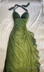 Elegant Halter Straps Ombre Green Long Chiffon Prom Dresses