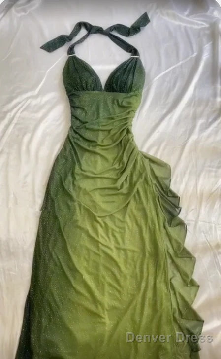 Elegant Halter Straps Ombre Green Long Chiffon Prom Dresses