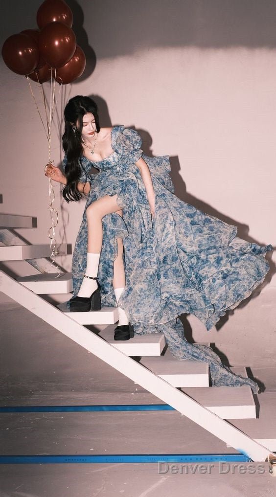 Elegant High Low Blue Floral Prom Dresses Long Formal Dress Secondary image