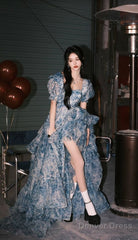 Elegant High Low Blue Floral Prom Dresses Long Formal Dress