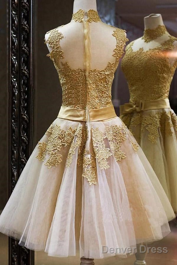 Elegant High Neck Gold Tulle Knee Length Homecoming Dresses With Appliques Secondary image