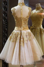 Elegant High Neck Gold Tulle Knee Length Homecoming Dresses With Appliques