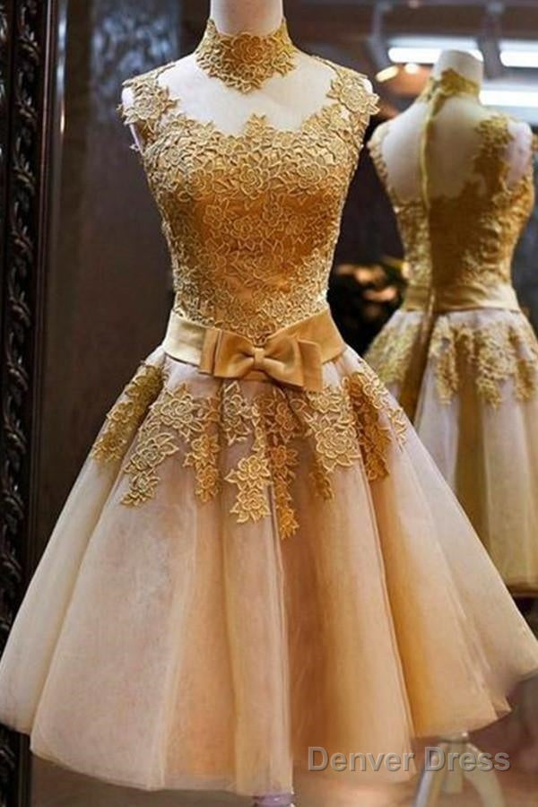 Elegant High Neck Gold Tulle Knee-Length Homecoming Dress With Appliques Main image