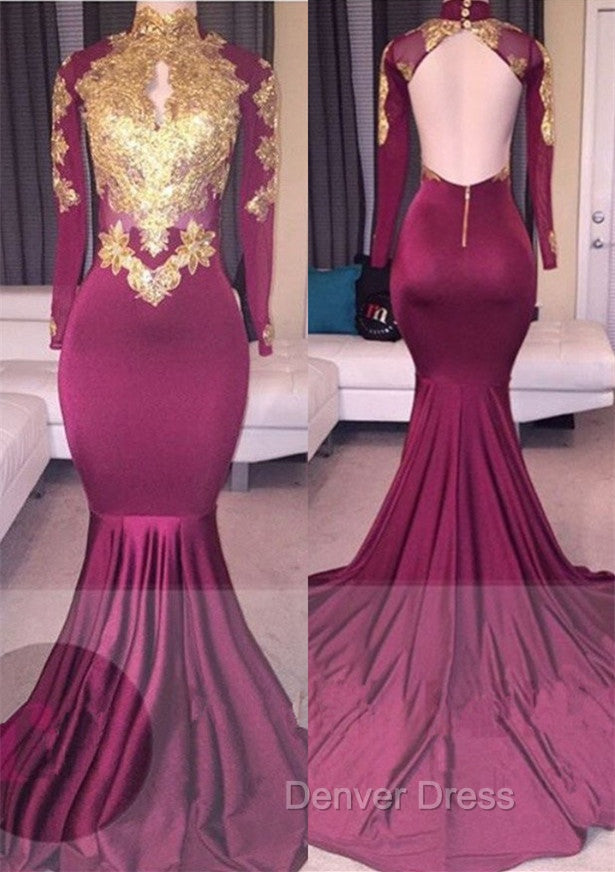 Elegant High Neck Long Sleeves Gold Appliques Backless Prom Dresses Secondary image