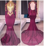 Elegant High Neck Long Sleeves Gold Appliques Backless Prom Dresses