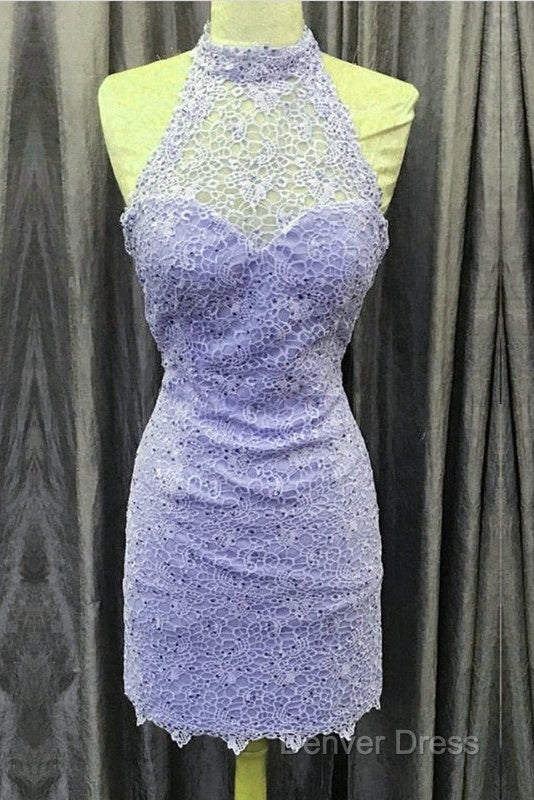 Elegant High Neck Open Back Lace Homecoming Dresses Sheath Party Dresses
