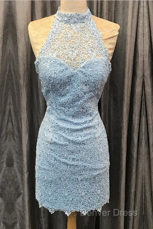 Elegant High Neck Open Back Lace Homecoming Dress Sheath Prom Dresses