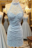 Elegant High Neck Open Back Lace Homecoming Dress Sheath Prom Dresses