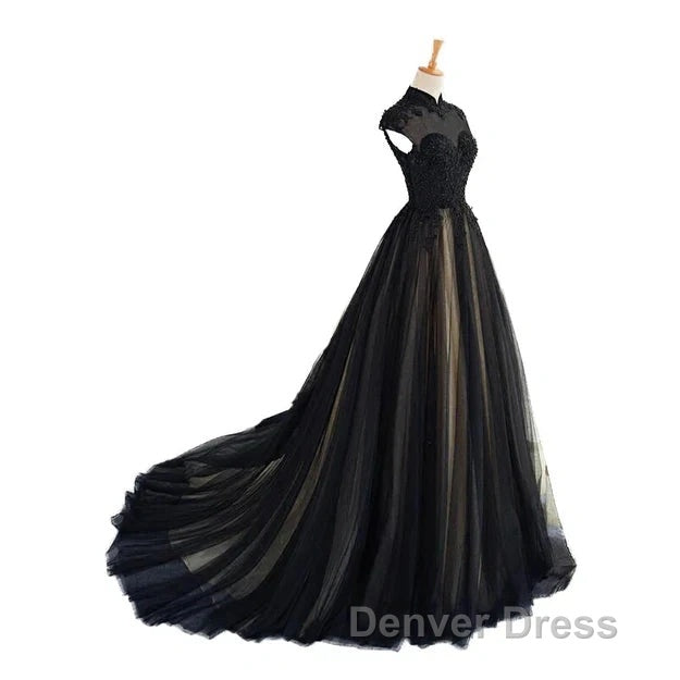 Elegant High Neck Prom Dresses Black Formal Dresses A Line Floor Length Evening Dresses