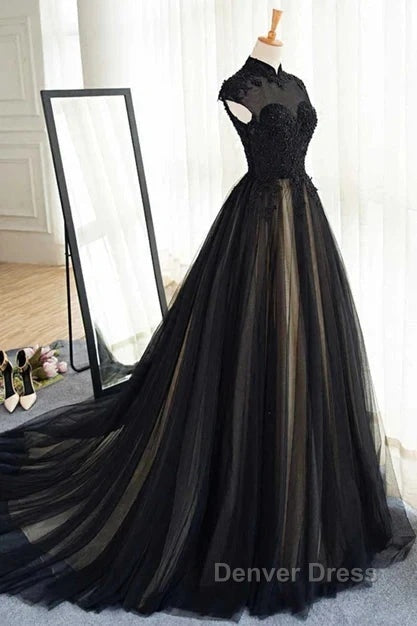 Elegant High Neck Prom Dresses Black Formal Dresses A Line Floor Length Evening Dresses