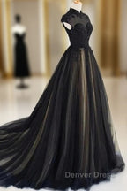 Elegant High Neck Prom Dresses Black Formal Dresses A Line Floor Length Evening Dresses