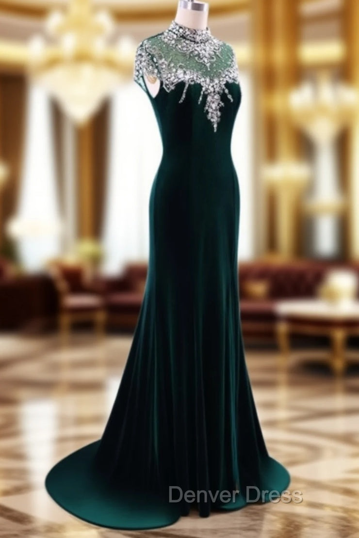 Elegant High Neck Prom Dresses Green Mermaid Evening Dresses Main image