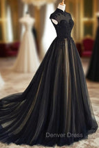 Elegant High Neck Swee Train Rhinestone Prom Dress, Black Prom Dresses