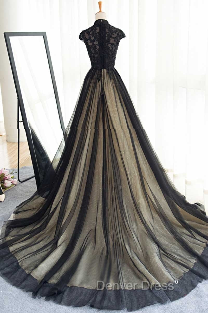 Elegant High Neck Swee Train Rhinestone Prom Dresses, Black Formal Dresses