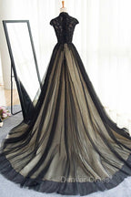 Elegant High Neck Swee Train Rhinestone Prom Dress, Black Prom Dresses
