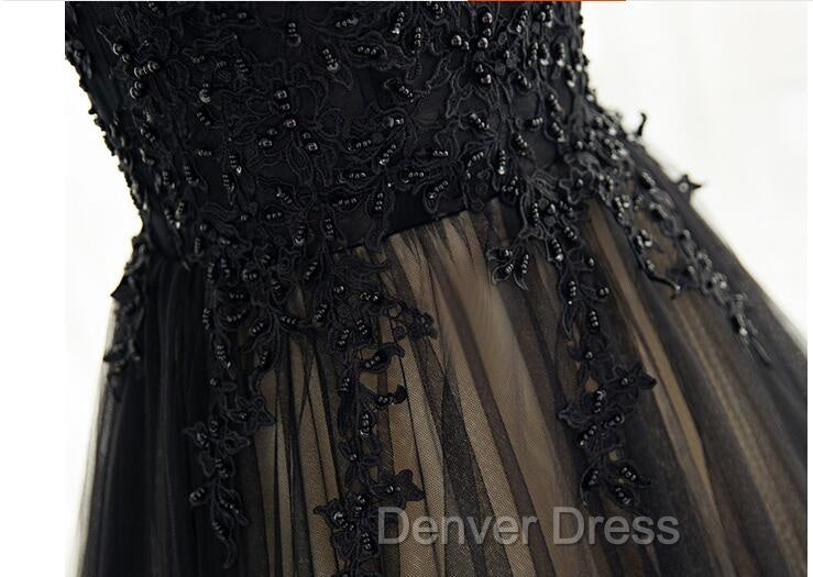 Elegant High Neck Swee Train Rhinestone Prom Dresses, Black Formal Dresses