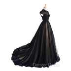 Elegant High Neck Swee Train Rhinestone Prom Dresses, Black Formal Dresses
