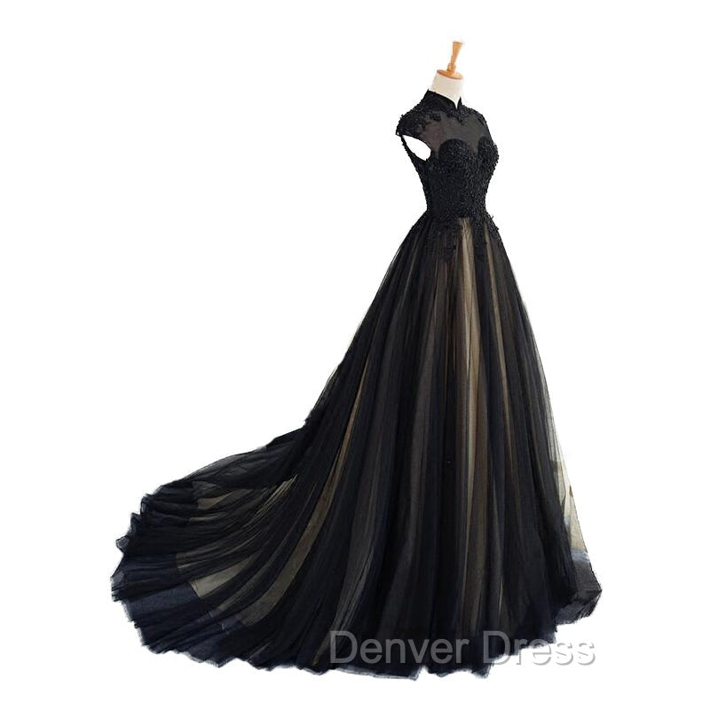 Elegant High Neck Swee Train Rhinestone Prom Dresses, Black Formal Dresses